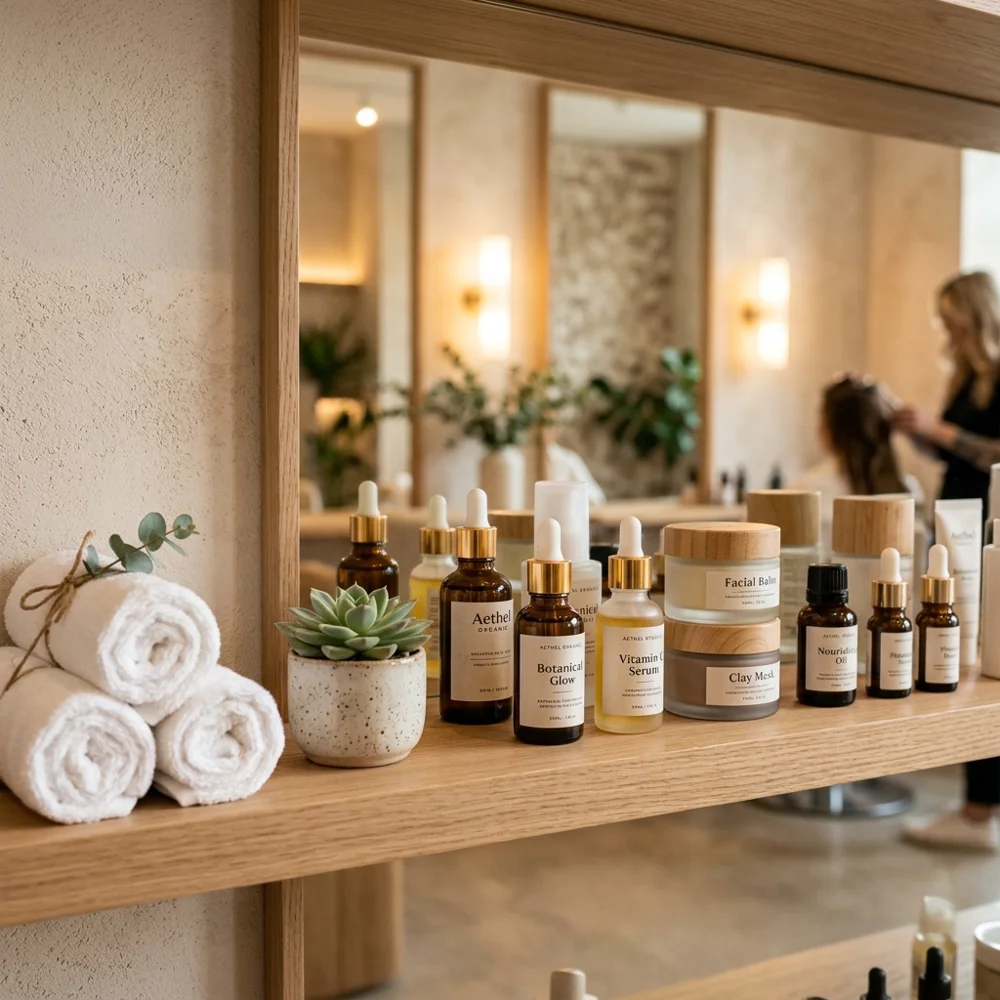 Photorealistic concept display of personal-care bottles and jars on a shelf